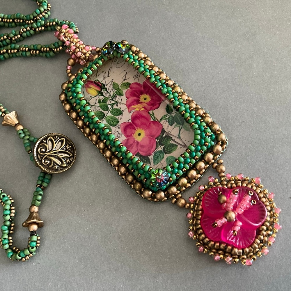 Handmade Bead Embroidered Floral Pendant Necklace Pink Green Botanical Artisan